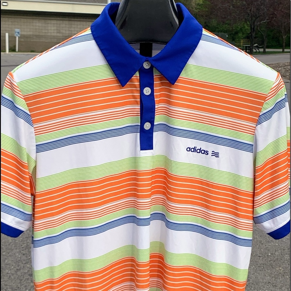 SOLD!!!! Adidas Mens Polo Golf Short Sleeve Shirt Striped Orange Blue Mens Large